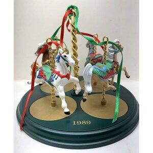 Hallmark 1989 Christmas Carousel Horse Figurines Set Ginger Star Holly Snow Boxe